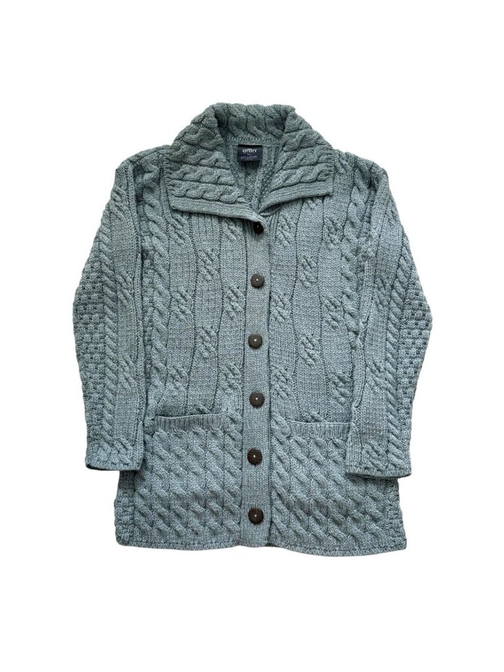 Aran Woollen Mills 100% Merino Wool Cable Knit Blue Cardigan Size Small Grandpa